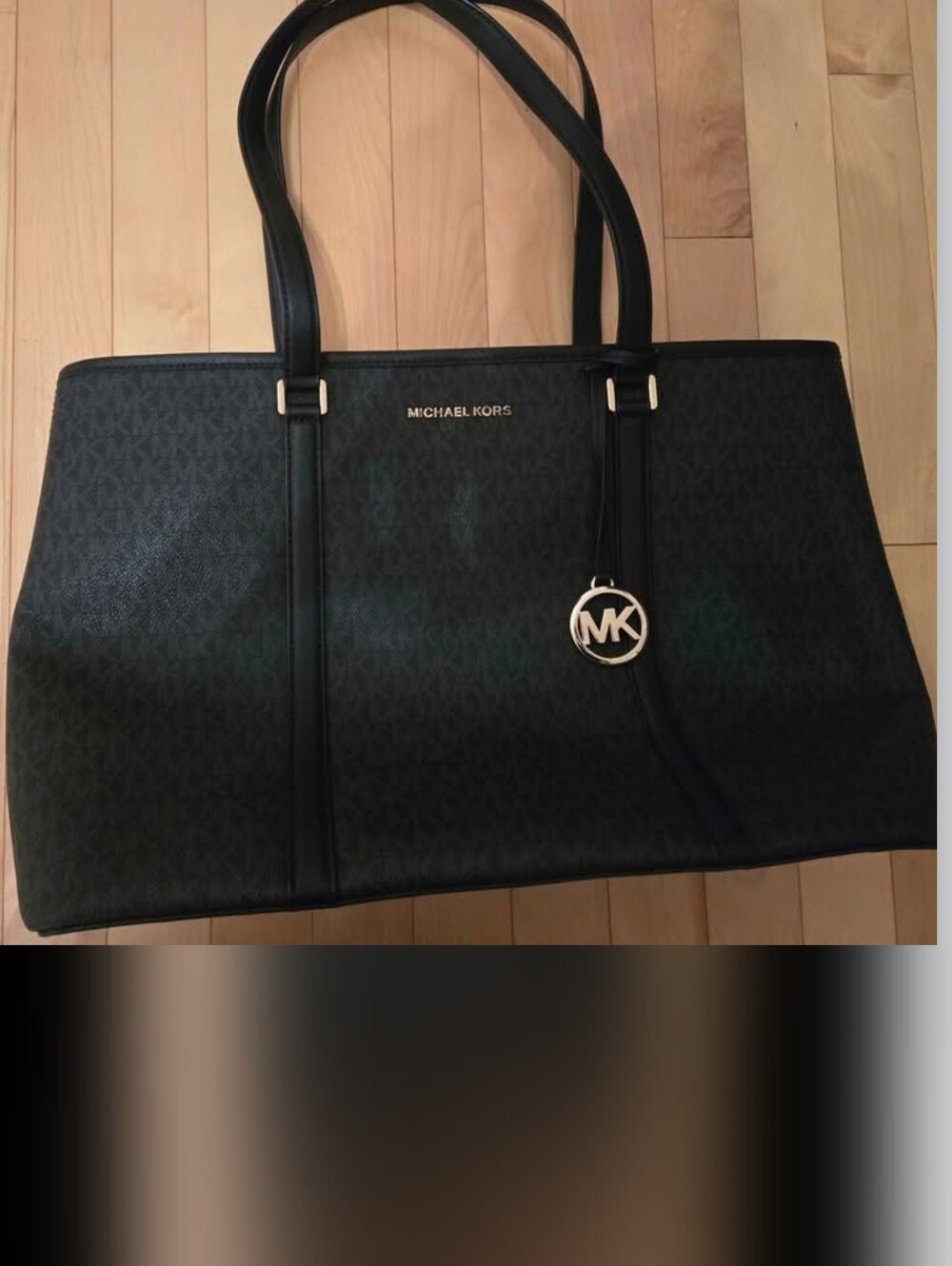 Michael Kors Black MK Signature Tote with Gold Logo Charm